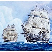 Шлюпы «Восток» и «Мирный» в Южном океане (с картины участника экспедиции художника В. Миронова)